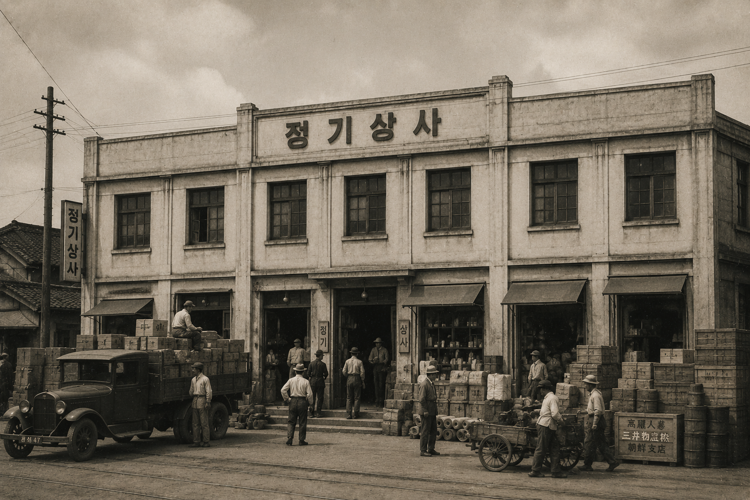 정기상사의 오래된 상점 이미지를 연상시키는 흑백 건물 사진